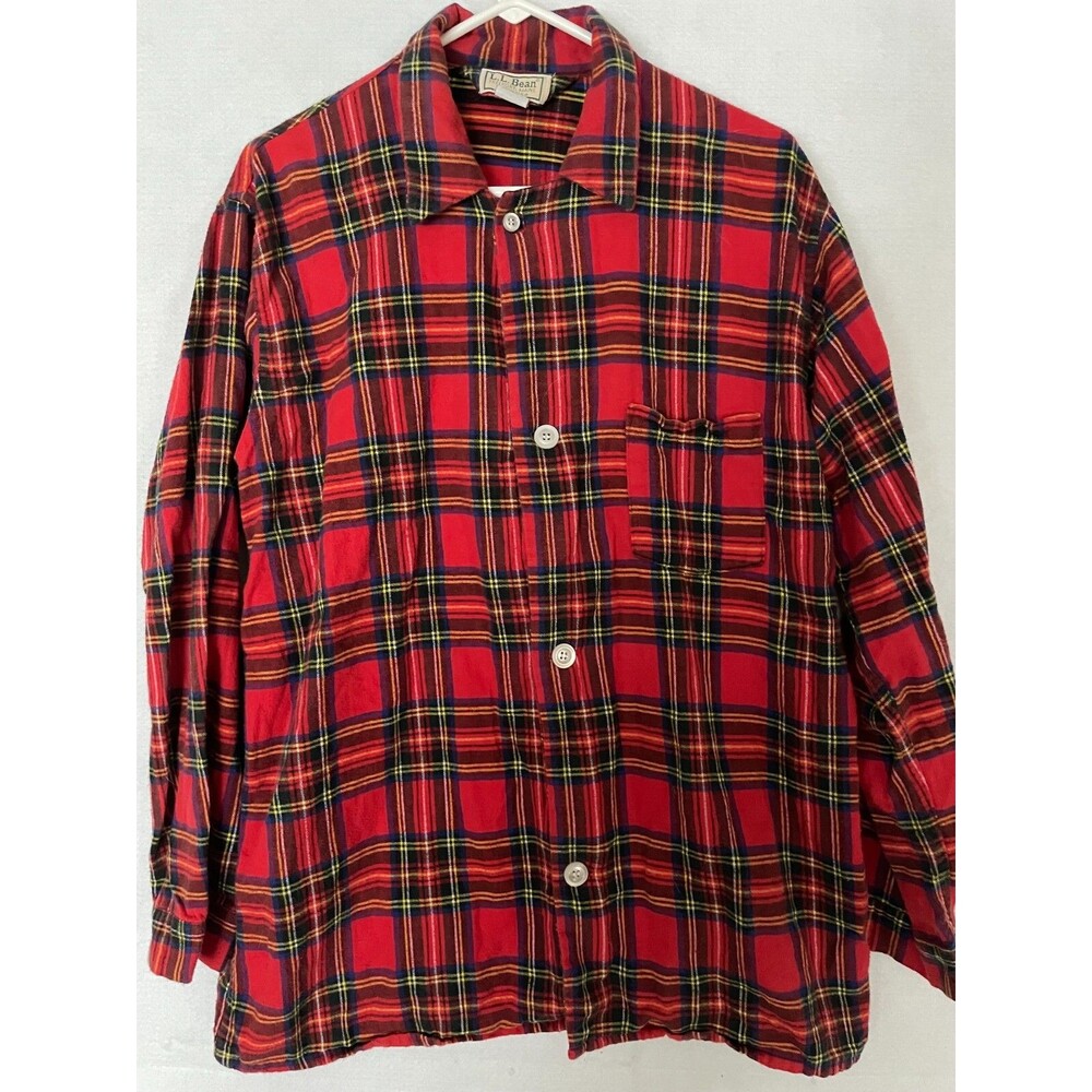 LL Bean Pajama Shirt Top Button Up Red Plaid Flannel USA Men's L VTG Long Sleeve
